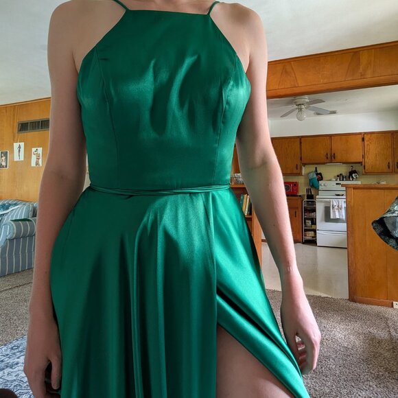 Brand-New! Deep Sea Green Satin Dress - Size 4, Betsy & Adam A-Line, Prom Formal - Picture 4 of 14